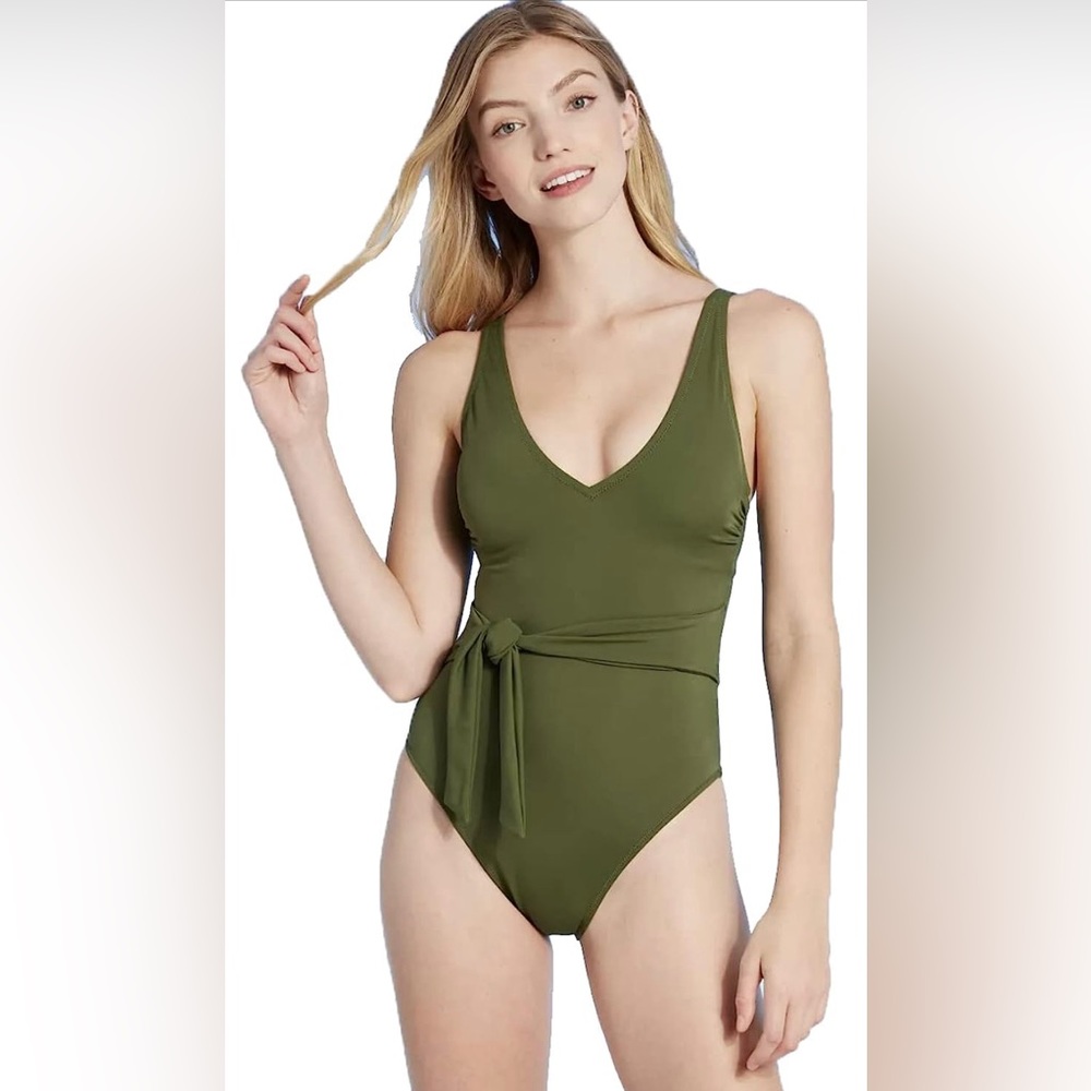 Shade & Shore Plunge Tie Wrap One-Piece Swimsuit Army Green Size L